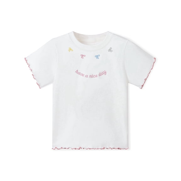 NIPAXO Girls T-Shirt Embroidery Cotton Blend Short Sleeve Lettuce Trim Bow Graphic Tee for Girls, White, Sizes 4-5Y