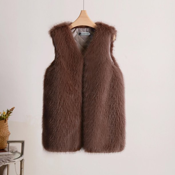 Pntutb Chaleco de imitación de longitud media a la moda para mujer, chaleco cálido para mujer, abrigo, tops de imitación, retroceso Pntutb Pntutb-4340