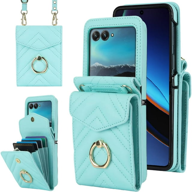 REQO Phone Case for Motorola Razr 40 Ultra/Moto Razr Plus 2023 Wallet Cover with RFID Blocking Ring Crossbody Wrist Strap Stand Credit Card Holder Purse Cell Razr+ + 5G XT2321-3 Women Girls Teal