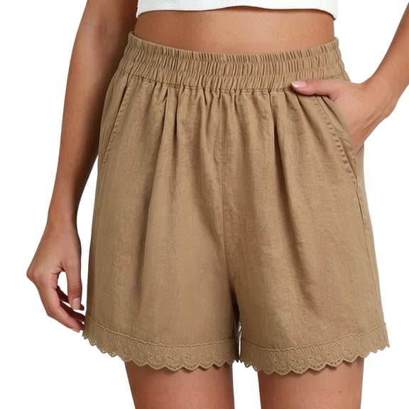 hoksml Women's Cotton Linen Shorts, Elastic Waist Lace Trim Casual Shorts, Loose Fit Pull-On Shorts with Side Pockets