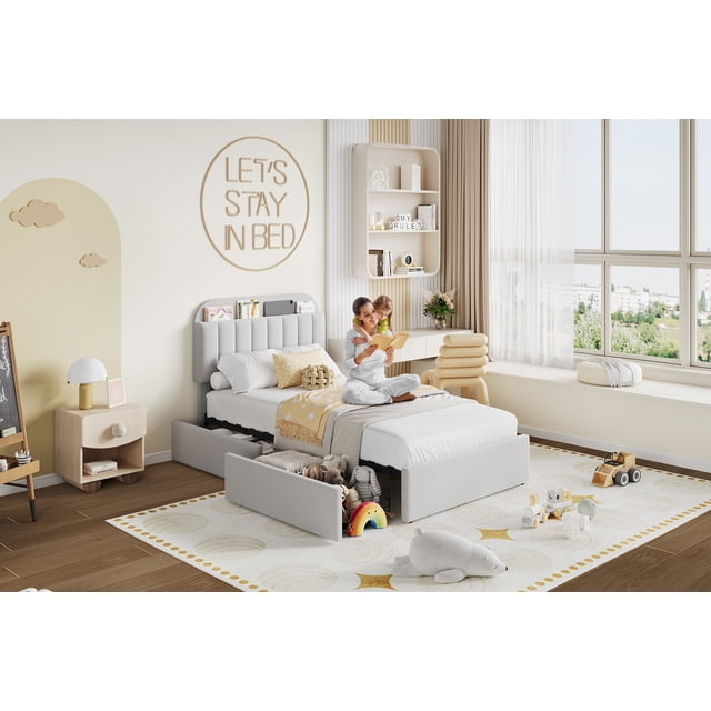 EDTara Kids Platform Bed with Soft Bouclé Upholstery, Bookcase Headboard, and 2 Under-Bed Storage Drawers, Easy Assembly, No Box Spring Needed