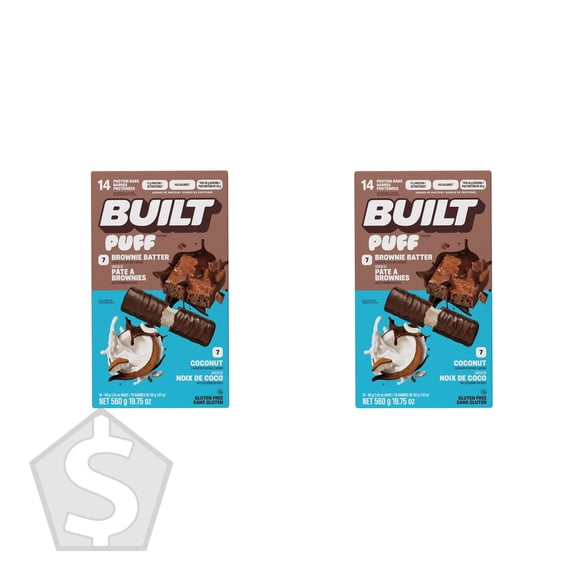 BUILT Barres de Pâte à Brownies Soufflées et de Noix de Coco, 14 X 40 g (Lot de 2), 28 Barres au Total