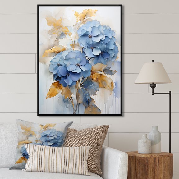 Designart "Radiant Bouquet Of Blue And Gold Minimalist Pansies" Pansies Floater Framed Wall Art Living Room