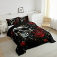 thumbnail image 3 of Erosebridal Ensemble de Literie Bohémien à Tête de Mort avec Couette, Ensembles de Literie à Imprimé Damassé avec Couette, Couette Réversible à Fleurs Rouges, Décoration de Chambre Légère, 2 Pcs, 3 of 8