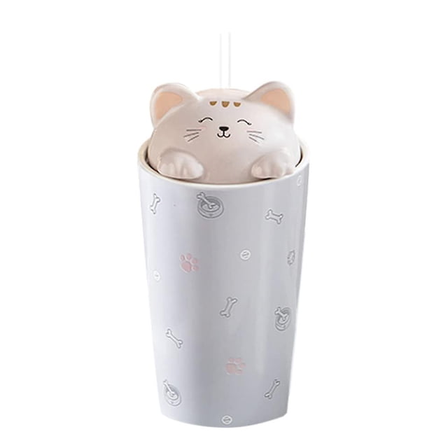 Taza de café con tapa de gato, taza de viaje de cerámica con tapa de gato 3d, taza alta reutilizable para té, leche, té de burbujas (púrpura). Afortunado Sencillez