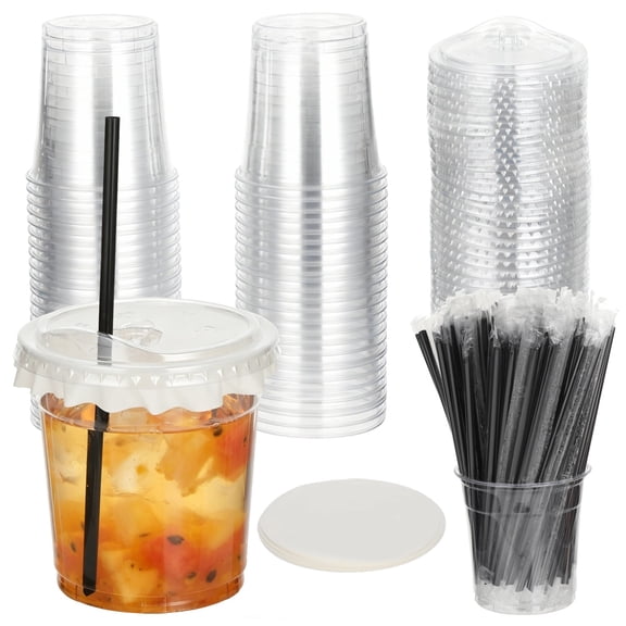 100 Sets Plastic Cold Drink Cups with Sipper Lids, Straws and Leak-proof Paper, 17 oz Clear PET Plastic Cups, Disposable Cold Cup for Coffee Juice Smoothies, Takeaway Cup for Cafe Party Picnic