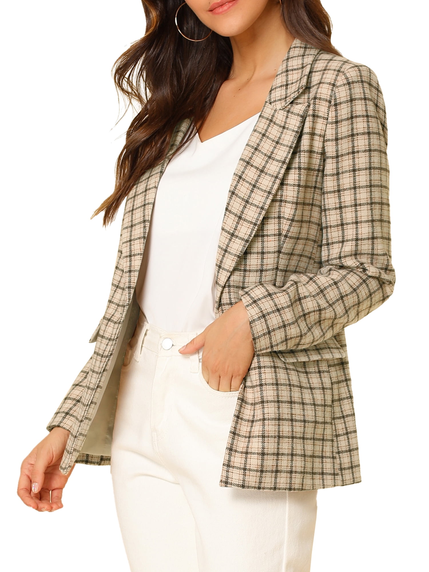 DARING DIVA Women's Boyfriend Notched Lapel One Button Blazer Suit Plaid Blazer Jacket M Khaki