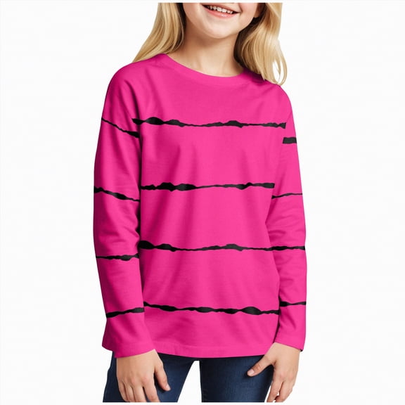 HCNTES Girls Striped Thumb Hole Long Sleeve Shirts Kids Crewneck Tunic Tops Curved Hem Tees(Hot Pink,13-14 Years)
