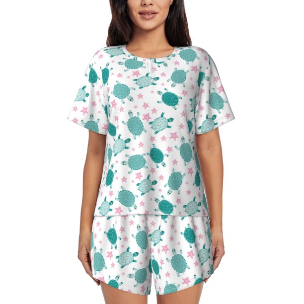 Fotbe Sea Turtle Conjunto de Pijama Estampado para Mujer, 2 Piezas, Ropa de Dormir con Camiseta de Manga Corta y Shorts Suaves-Small