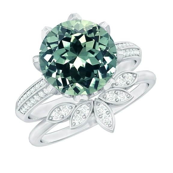 Rosec Jewels Lab Grown Green Sapphire Floral Bridal Ring Set with Moissanite - 10 mm - 2 Rings Set - AAAA Quality, 925 Sterling Silver, US 4.00