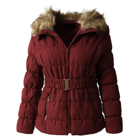 Womens Fur Lined Coat with Belt Quilted Faux Fur Insulated Winter Jacket Parka (Best Insulated Winter Coats)