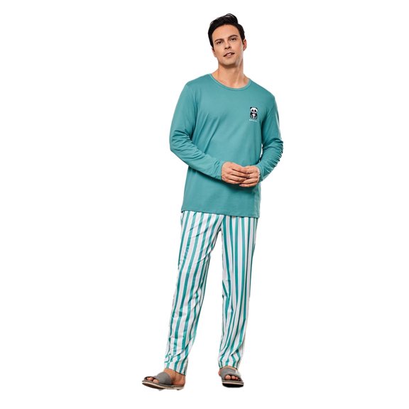 New men's long-sleeved long pants with round neck, casual and loose fit, suitable for wearing outside, home wear set