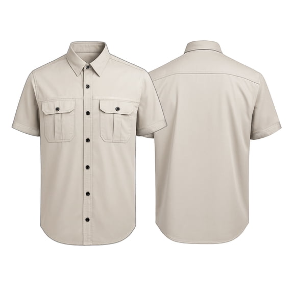 TOPTIE Men Cotton Short Sleeve Fishing Shirt for Work Travel Dual Button Pockets Retro Work Shirt-Khaki-XL