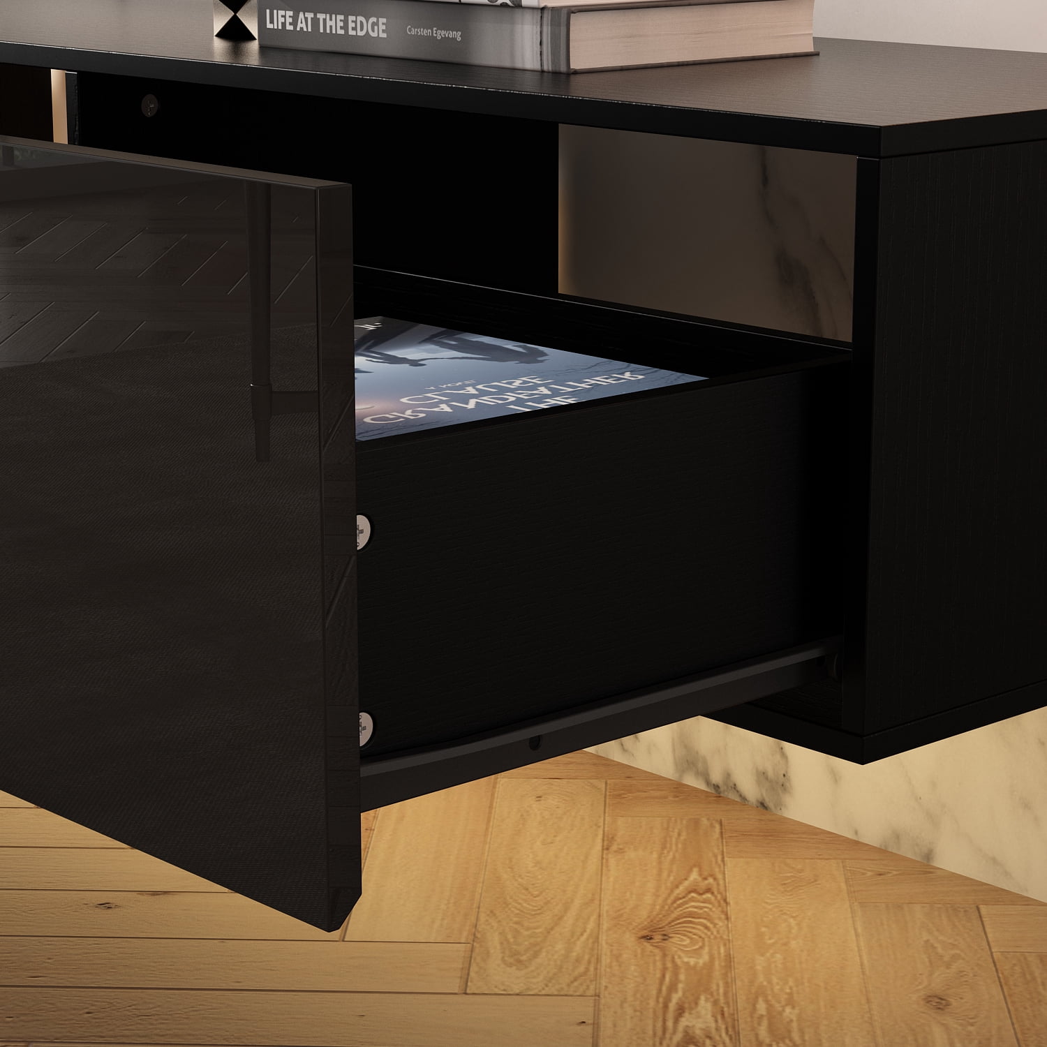 OXYLIFE Floating LED TV Stand Wall Mounted Entertainment Center with Drawers and LED Light, Black