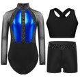 thumbnail image 3 of Aiihoo Kids Girls Gymnastics Ballet Dance Mesh Long Sleeve Shiny Rhinestones Leotard with Vest Shorts for Training Performance Blue 12, 3 of 5