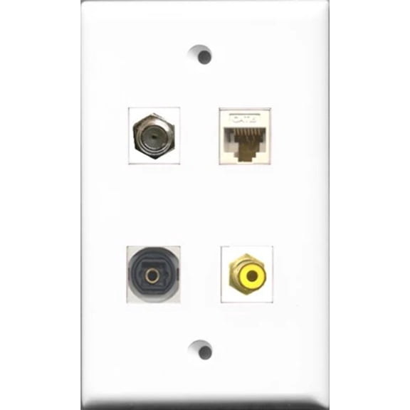 RiteAV 1 Port RCA Yellow and 1 Port Coax Cable TV- F-Type and 1 Port Toslink and 1 Port Cat6 Ethernet White Wall Plate