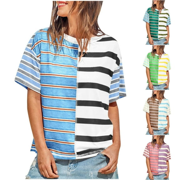 Summer Plus Size Tops for Womens 2025 Fashion Striped Shirt Casual Color Blocked Short Sleeved Top Loose Round Neck T-shirt Gifts for Womens