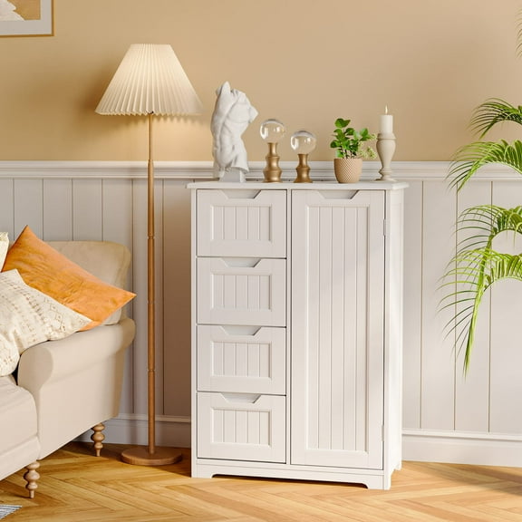 Aiho 33.5 "H Wooden Bathroom Storage Cabinet with 4 Drawers, a Cupboard and Adjustable Dividers for Bathroom,Living room,and Bedroom - White