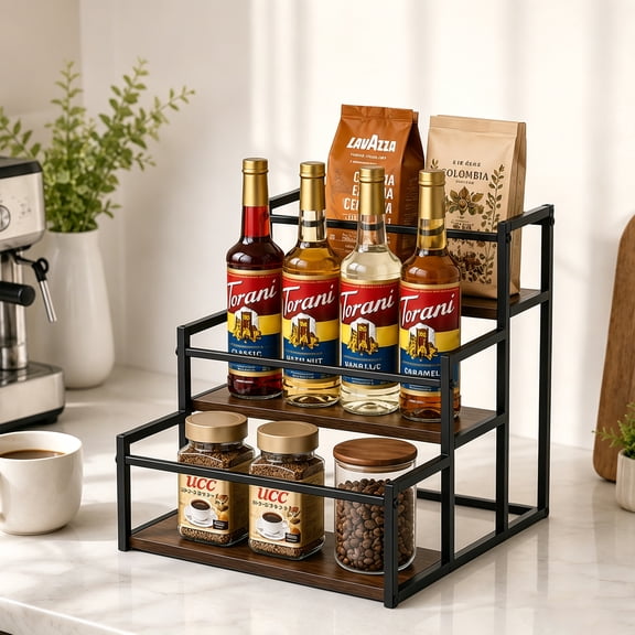 Coffee Syrup Rack Organizer, 3 Tier Countertop Storage Shelves, Liquor Bottle Display Shelf,Spice Racks,Kitchen Storage, 12 Syrup Bottle Stand Holder for Wine, Kitchen Coffee Station Organizer Rack