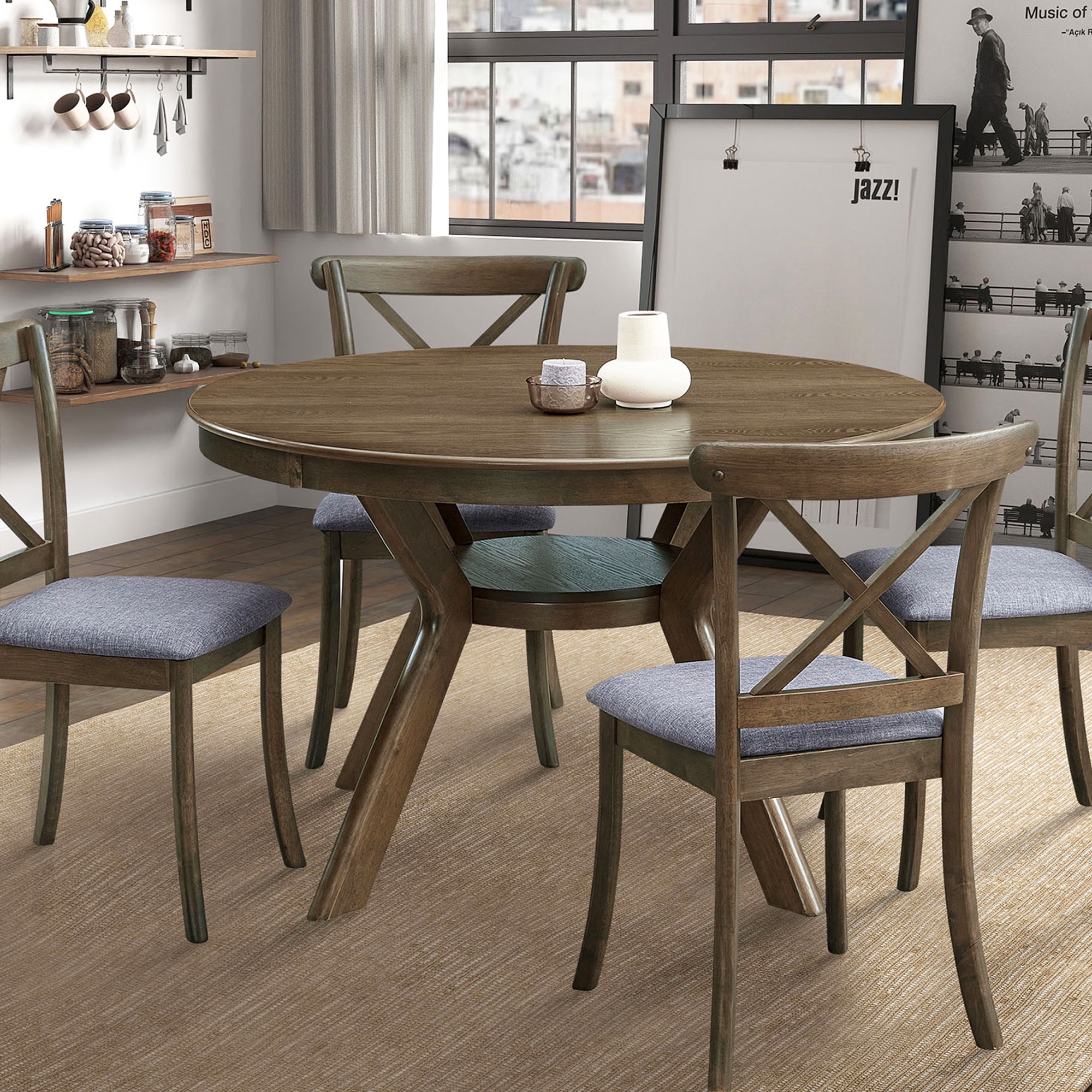 PORKISS 47" Round Dining Table for 4 People, Coffee Table, Modern Farmhouse Wooden Kitchen Table with Storage Shelf, Living Room, Oak (Chairs Not Included)