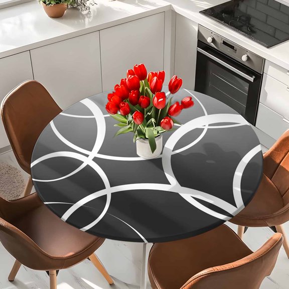 Gradient Grey Line Elastic Fitted Round Tablecloth Modern Abstract Geometric Waterproof Outdoor Table Cover for Holiday Party, Picnic, Patio & Dining Fits Tables Up to 45"-54"