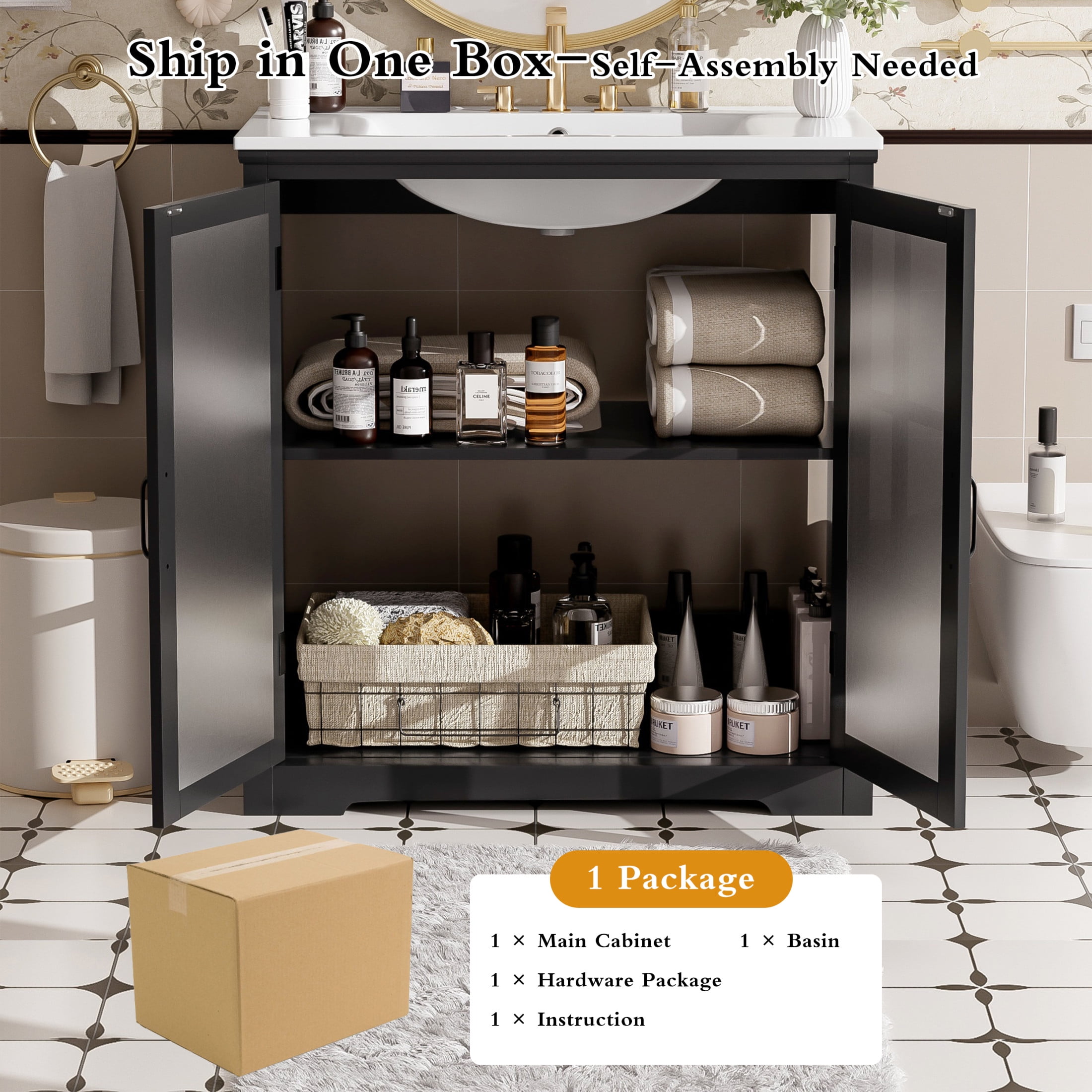 Christopher Knight Home 30" Bathroom Vanity with Ceramic Sink, Blurred Glass Doors, Wood Frame, Black