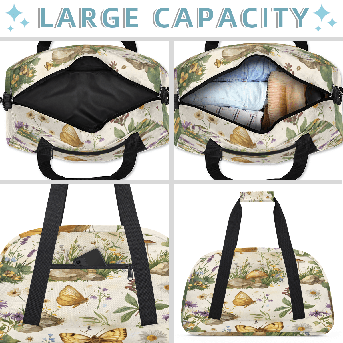 Herdesigns Butterfly Sports Duffle Bag for Women & Men, Floral Gym Bag Dance Bag Overnight Bag Carry On Weekender Travel Bag