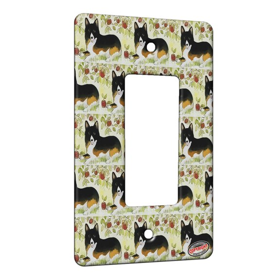 KuzmarK™ 1 Gang Rocker Wall Plate - Black and Tan Welsh Corgi Under the Apple Tree Dog Modern Art by Denise Every