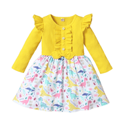 Toddler Girl Fall Dress Kids Dinosaur Print Splice Ruffled Bowknot Long Sleeve Dress 5-6 Years(Yellow)
