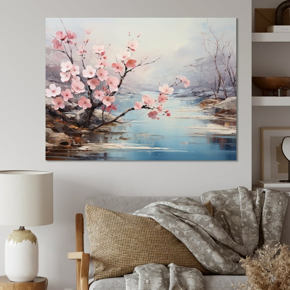Designart Japan Wall Art, Blossom Serenity Japan Cherry painting I , Japan Large Wall art decor, Pink Traditional Canvas wall art, 32x16 inches