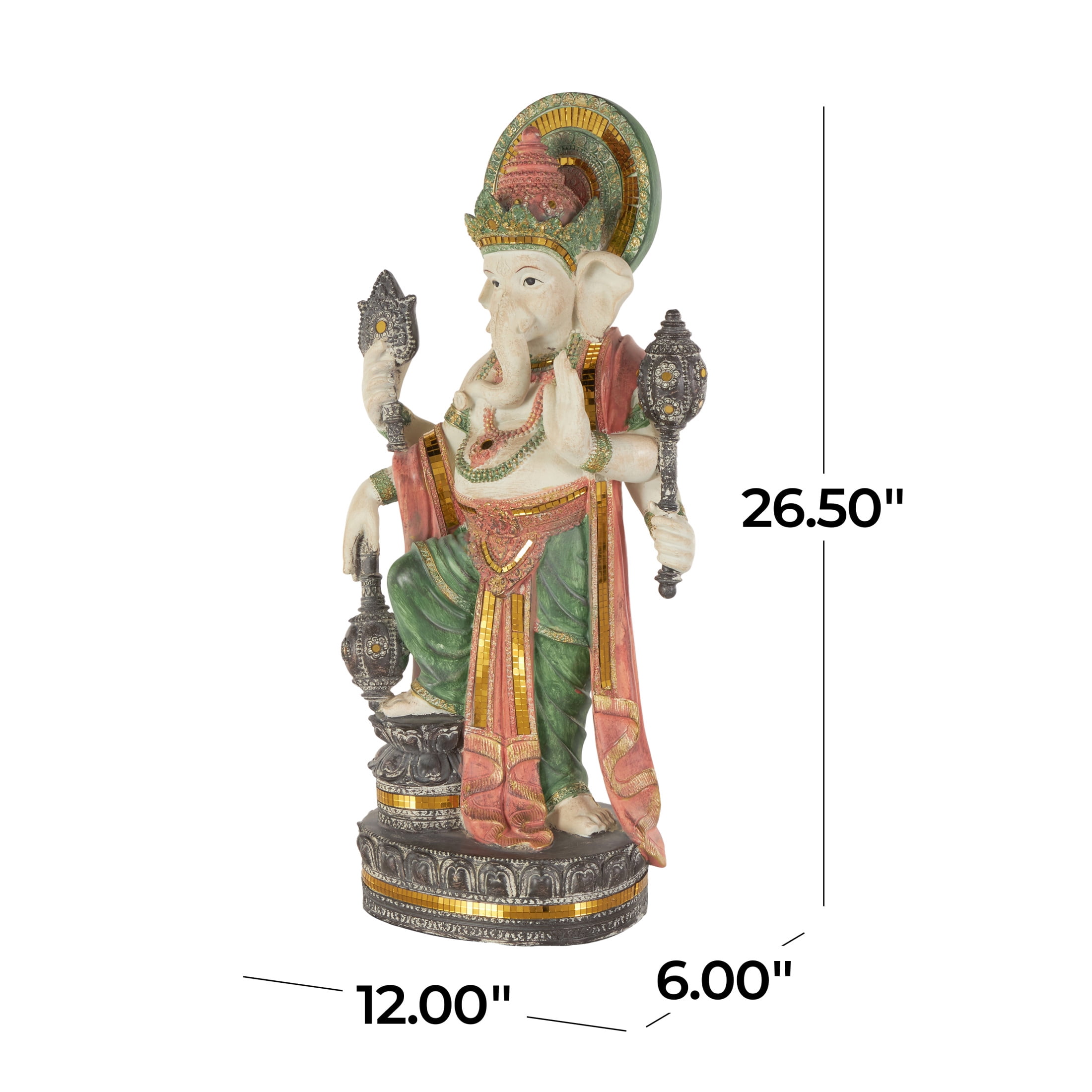 12" x 27" Gold Resin Ganesh Sculpture with Green, Blue, and Red Accents, by DecMode