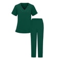 thumbnail image 4 of Women's Solid Color Stretchy Flare Scrub Set V-Neck Short Sleeve Top With Tie Waist Straight Pants Soft Breathable Fabric For Hospital Workplace Daily Wear Army Green XL, 4 of 5