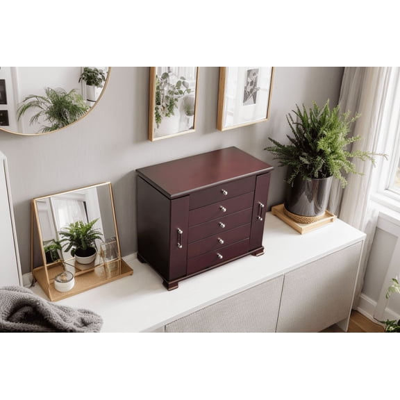 Jewelry Organizer Chest with Mirror, Wooden Jewelry Box with 5 Drawers & Side Necklace Doors, Dark Cherry Jewelry Storage for Rings, Necklaces & Bracelets