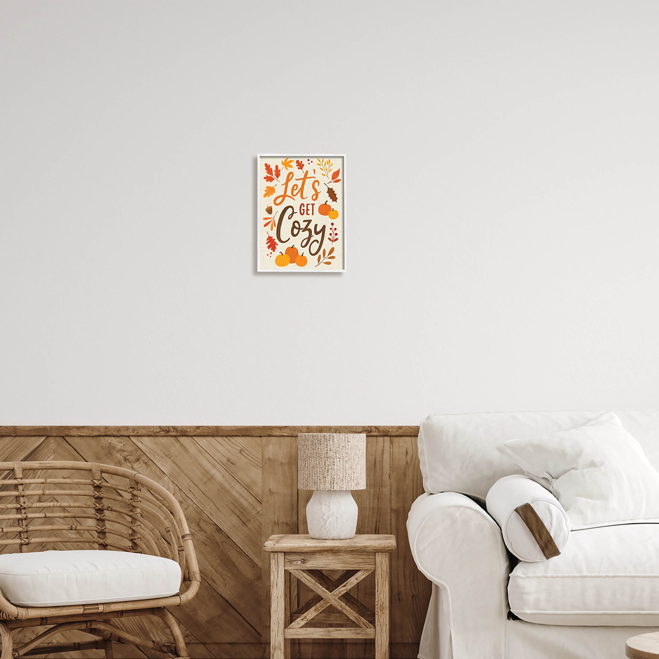 Lets Get Cozy Autumnal Leaf Sprigs Holiday Graphic Art White Framed Art Print Wall Art