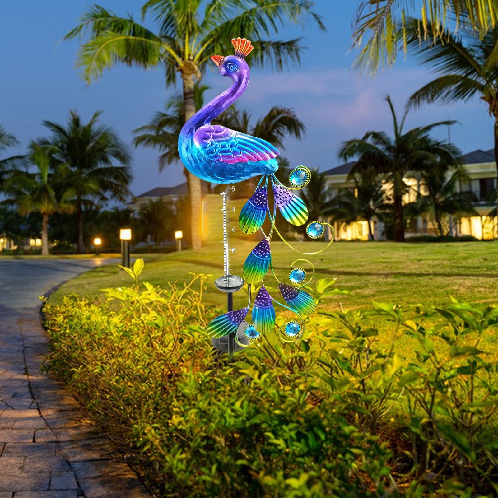 Hyasfey Solar Peacock Rain Gauge Outdoor Freeze-Proof Water Gauge Lighted Peacock Rainfall Indicator with Metal Stake for Garden Lawn Decor