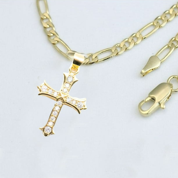 14k Bonded Gold Figaro Chain with Cross Charm Pendent & Gift Bag by