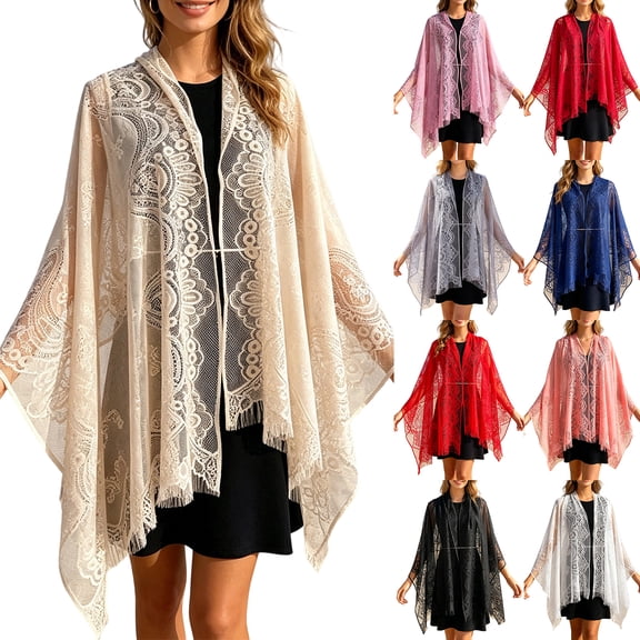 AHMOMEI Women’s Lace Shawl Wrap, Sheer Open Front Fringed Cover Up, Lightweight Scarf for Evening Dresses Wedding Bridesmaid Party (Pink)