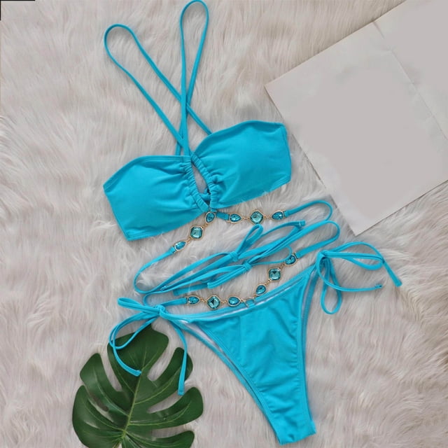 Trajes de baño Amzcrzy Tankini para mujer, trajes de baño, trajes de baño, bikini, traje de baño de color sólido para mujer + bañador y bikini de moda, traje de baño dividido azul, S