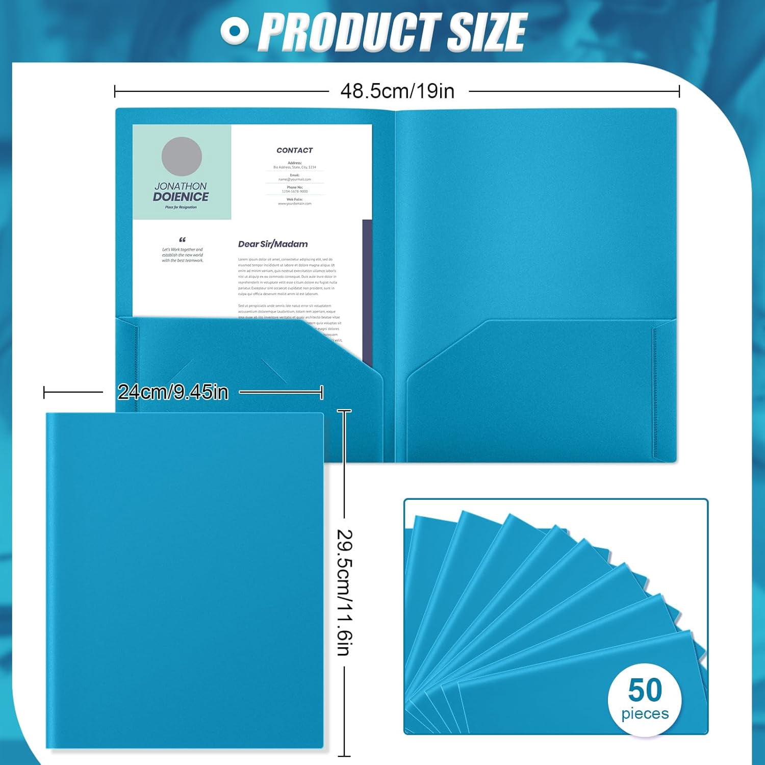 Heavy Duty Two Pocket Plastic Folders with Pockets, Letter Size School Office Folders, 11.61 x 9.45 Inches, Business Card Holder, Blue, 50 Pack