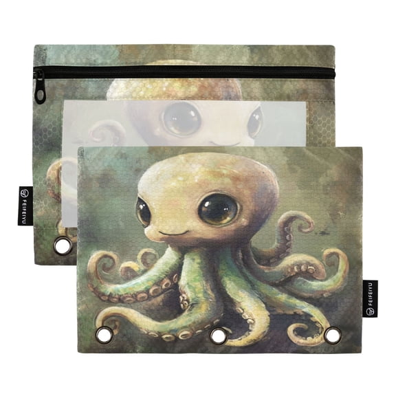 2 Pack Pencil Bag 9.84x6.1 Inch 3-Ring Page Turning Folder Zipper Pencil Case Pencil Bag Page Turning File Bag Super Cool Gray Octopus