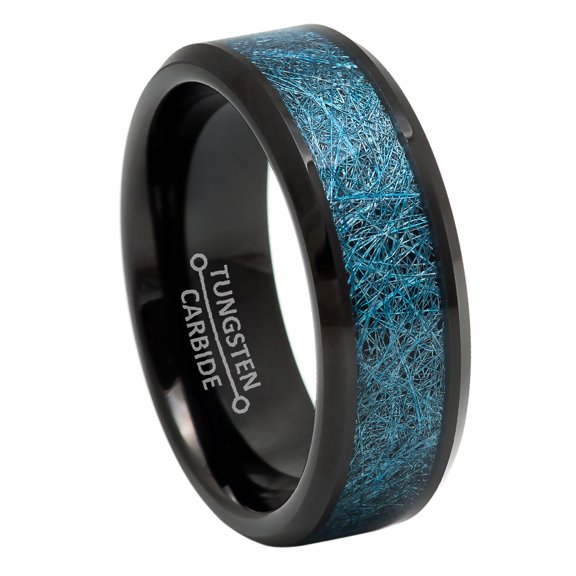 8mm Mens Black Tungsten Wedding Band, Silk Thread Inlay, Beveled Edge Engagement Ring - TN964WAs10