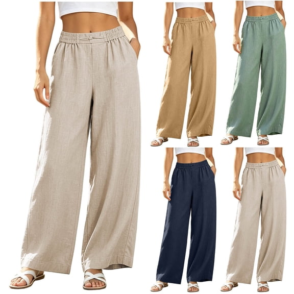 Diufon Linen Pants Women Summer Boho Wide Leg Palazzo Pants Casual Drawstring High Waisted Trousers with Pockets