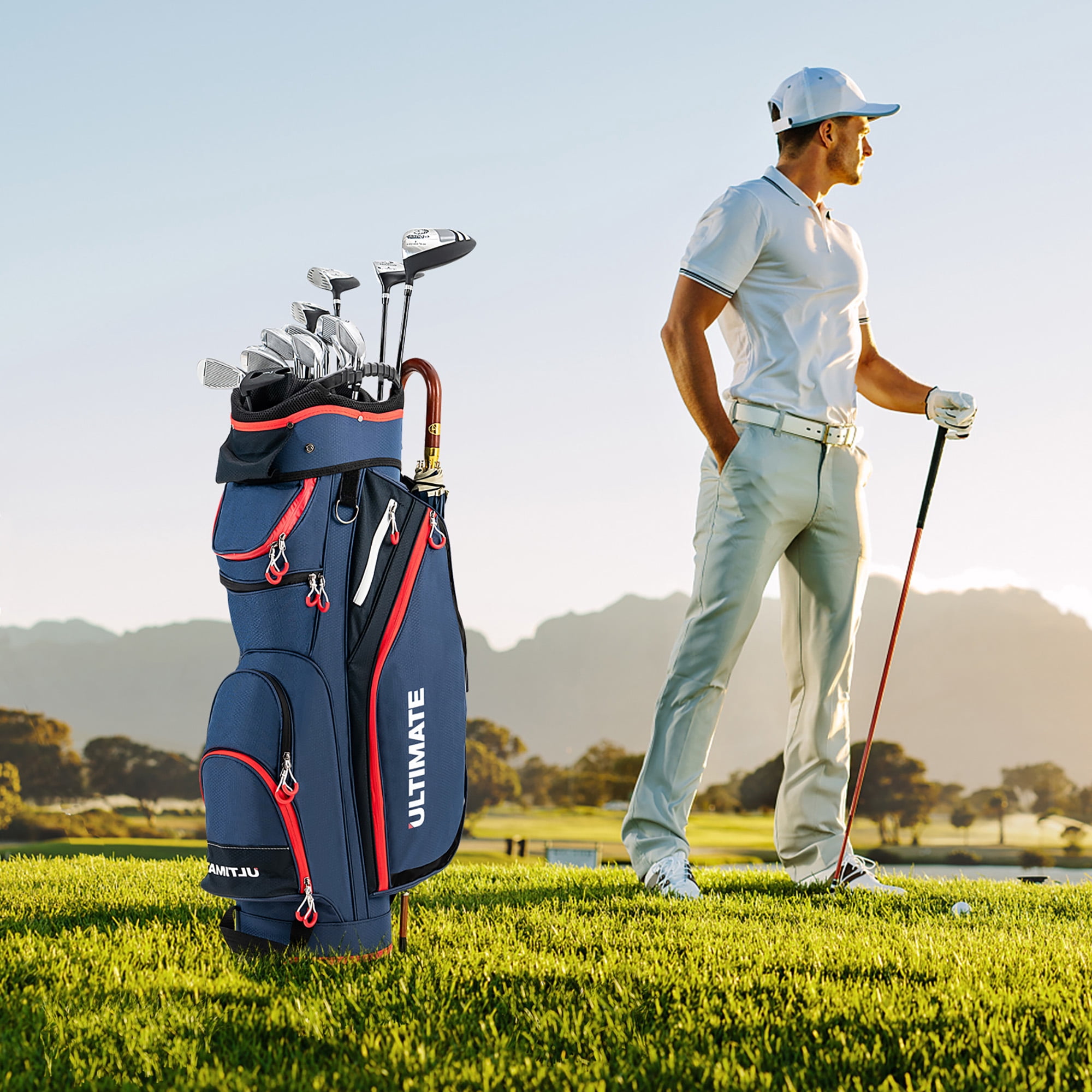 Gymax 9.5" Golf Cart Bag w/14 Divider Rain Hood Cooler Bag 8 Pockets