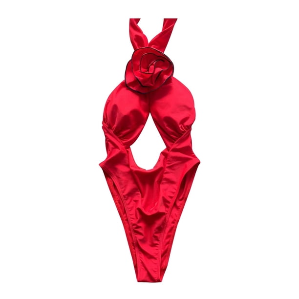 Gibobby Bañador de una pieza Traje de baño bikini de flores de color liso para mujer(Rojo,CH)