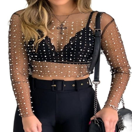 

HLONK Women‘s Summer Sheer Mesh Tops Long Sleeve Round Neck Rhinestone Slim Fit Crop Tops