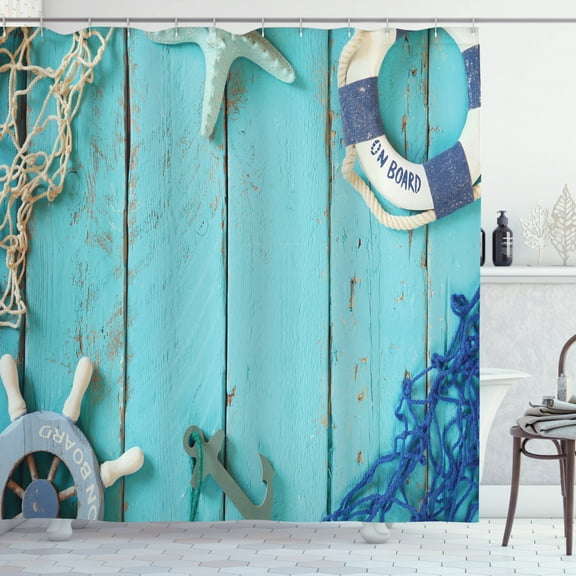 Nautical Decor Shower Curtain Set, Top View Nautical Theme Life Style Vintage Steering Wheel Stars Net Lifebuoy, Bathroom Accessories, 69W X 70L Inches, By Ambesonne