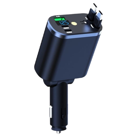 Type C Car Chargers Adapter with Double Retractable USB C Cables, 120W Rate Power, 12V/24V Cigarettes Lighter Plugs and