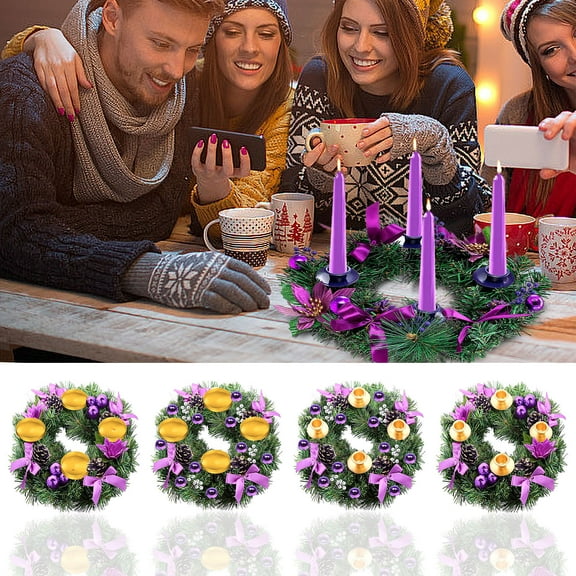 Purple Ribbon Advent Wreath with 4 Candle Holders | 11.8 Inch Realistic Spruce Christmas Centerpiece for Table or Door | Metal Frame with Drip Tray | Home Decor & Gift