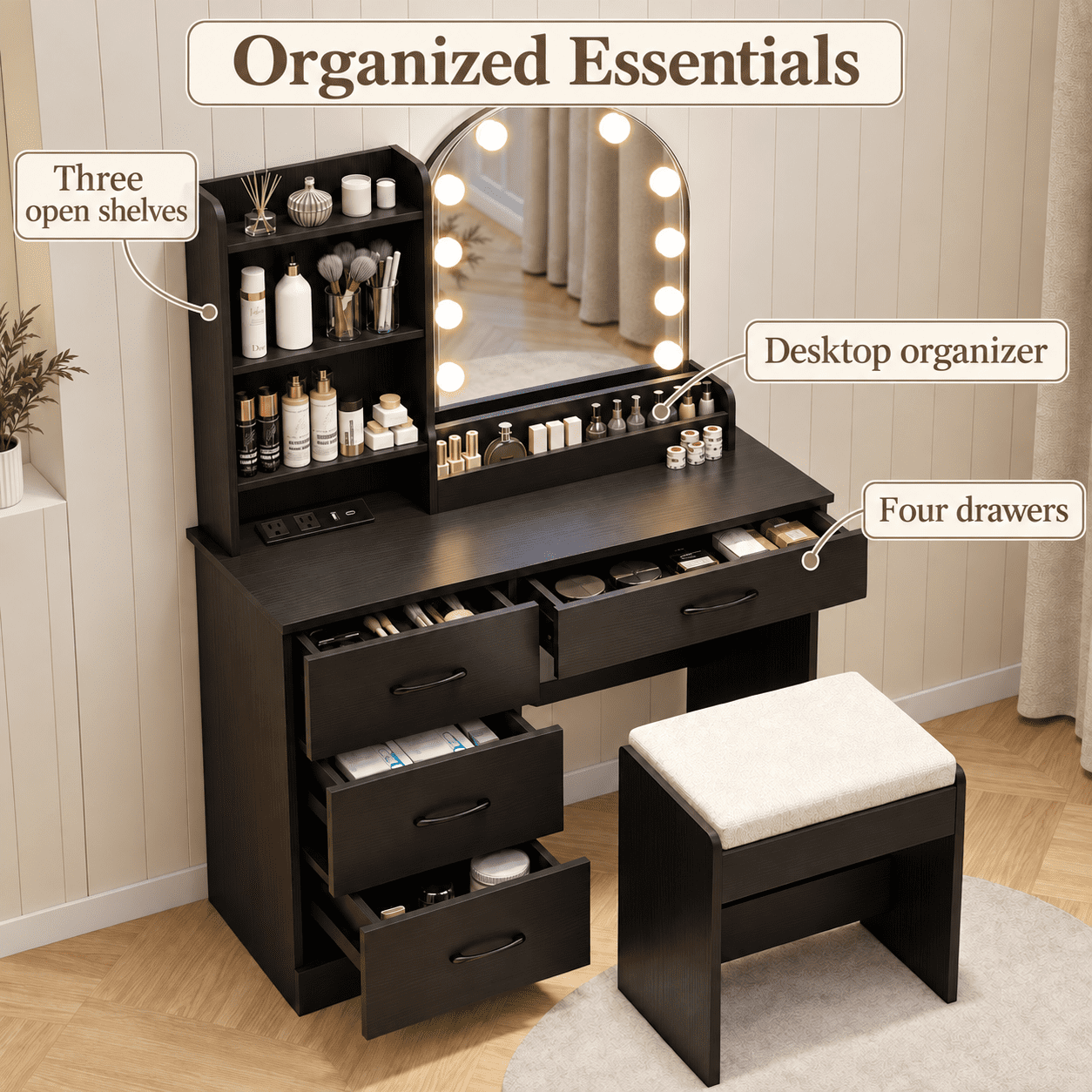 Furnibear Makeup Vanity Desk with Lighted Mirror, Dressing Table and Cushioned Stool Set with Wireless Charging Station and Drawers, Black