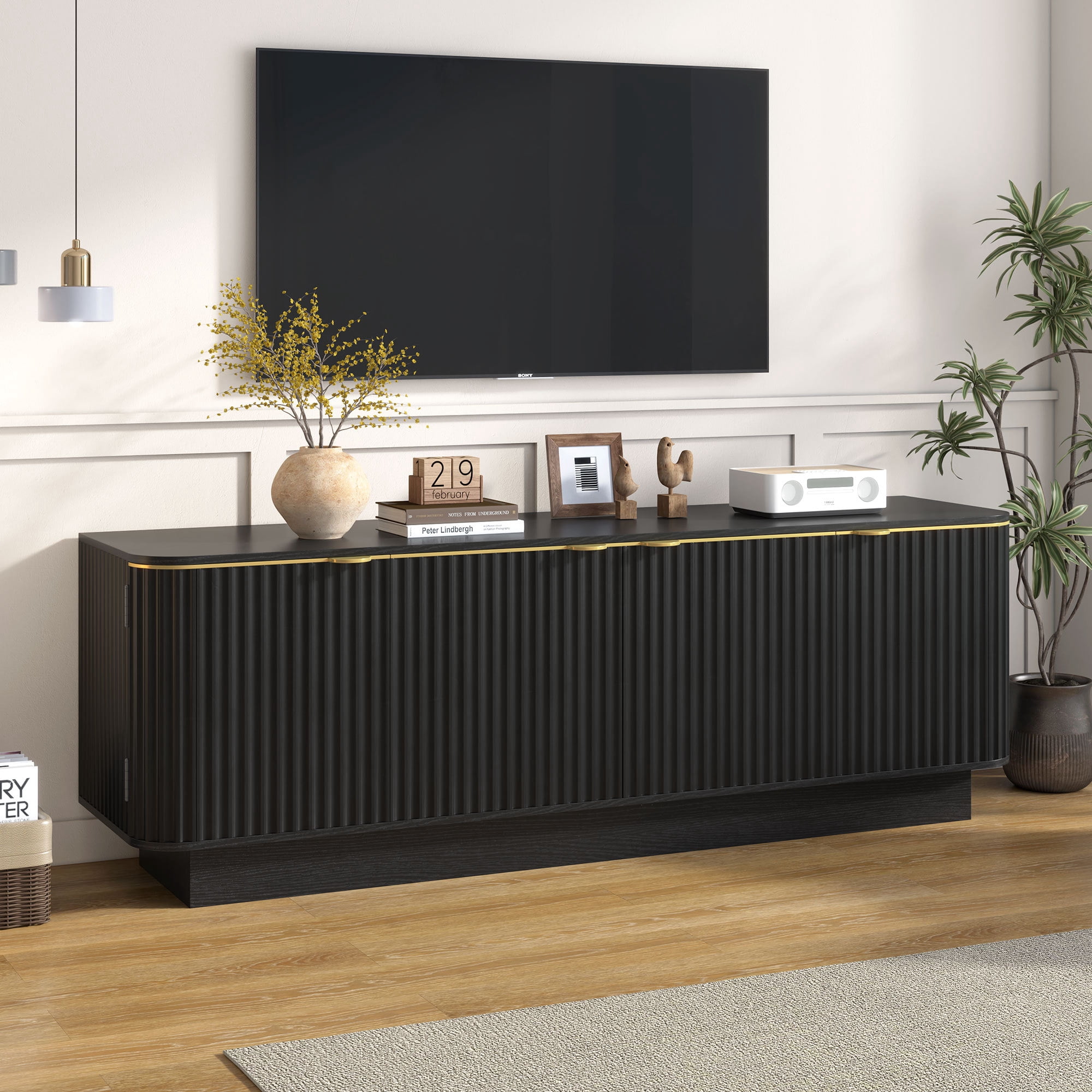 Leumius 70 Inch Modern TV Stand, Fluted Wood Media Console with Adjustable Shelves and Cable Holes, Entertainment Center with Storage Cabinets for Living Room Black